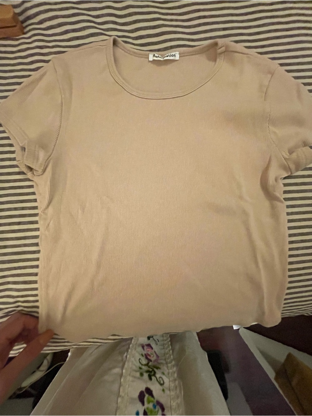 Reformation Muse Beige Ribbed Short Sleeve Tee